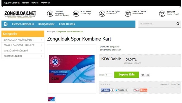 Zonguldakspor kombineleri internetten satılıyor